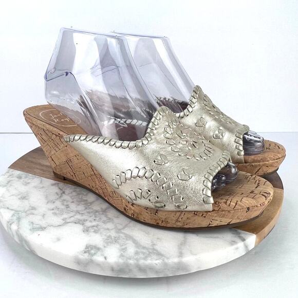 Jack Rogers Leather Gold Slip on Whipstitch Mid Stacked Cork Wedge Sandals 8 - Picture 3 of 10